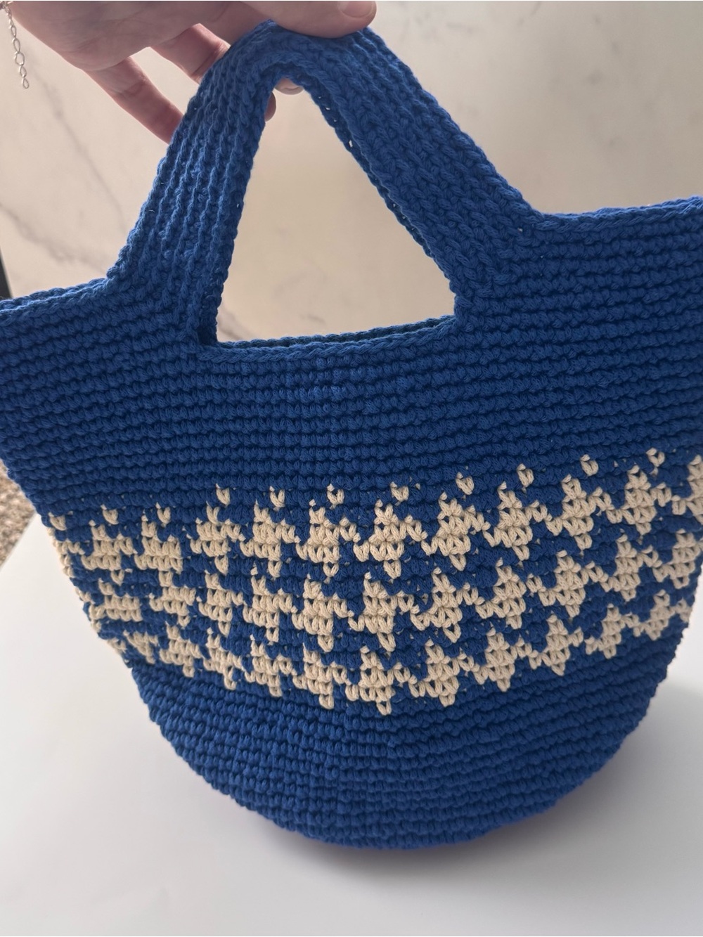 Hand-Crocheted Blue & White Houndstooth Tote Bag